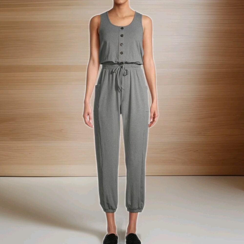 Liv & Lottie Gray Sleeveless Jogger Jumpsuit Size Large Cargo Pockets Stretchy